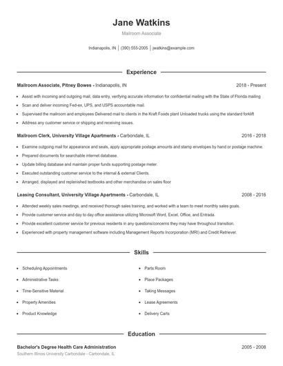 Mailroom Associate Resume