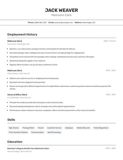 Mailroom Clerk Resume