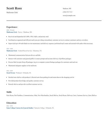 Mailroom Clerk Resume