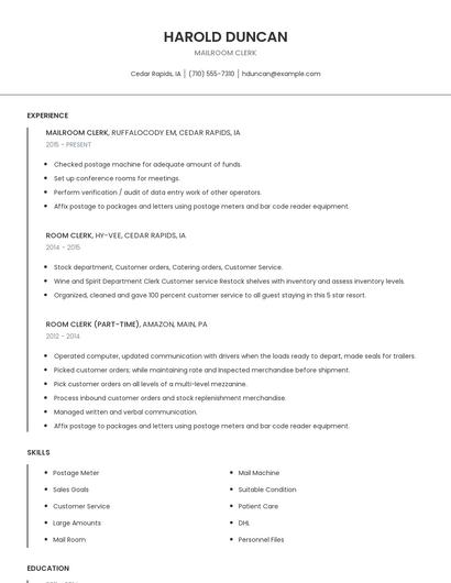 Mailroom Clerk Resume