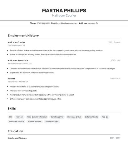 Mailroom Courier Resume