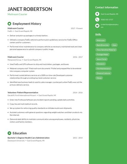 Mailroom Courier Resume