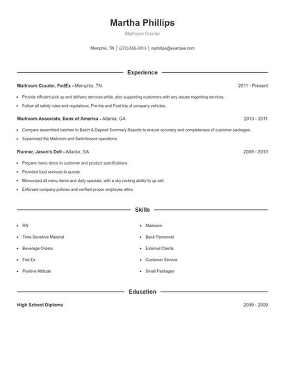 Mailroom Courier Resume