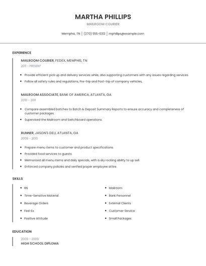 Mailroom Courier Resume