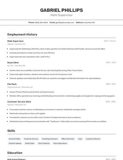 Mails Supervisor Resume