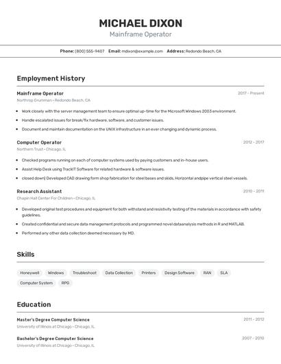 Mainframe Operator Resume
