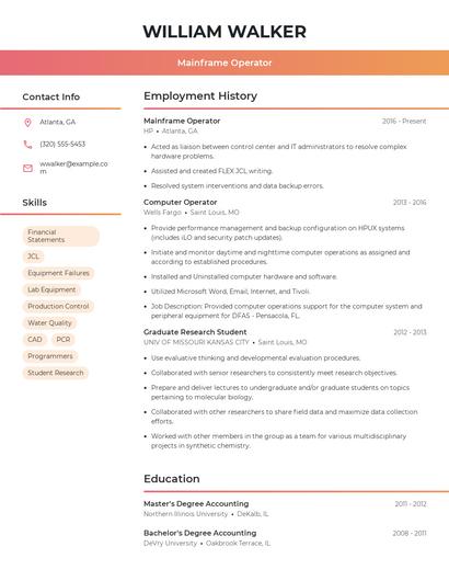 Mainframe Operator Resume