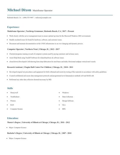 Mainframe Operator Resume