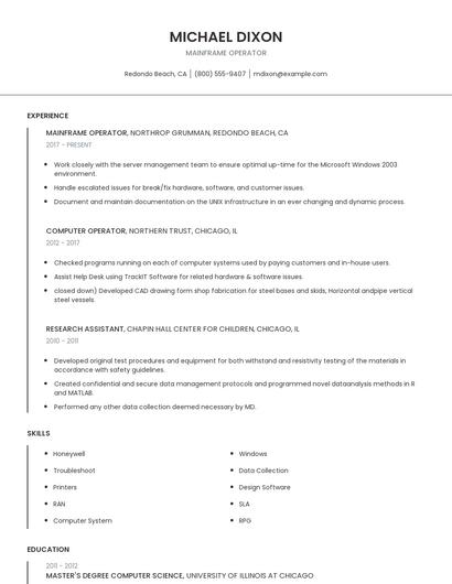 Mainframe Operator Resume
