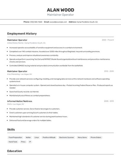 Maintainer Operator Resume