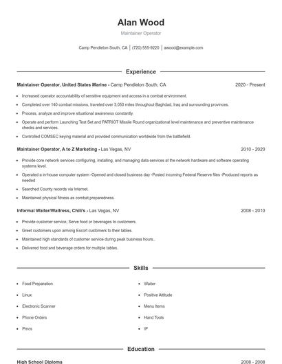 Maintainer Operator Resume
