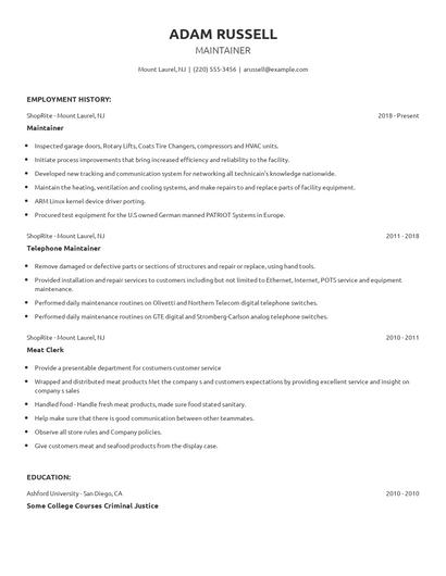 Maintainer Resume
