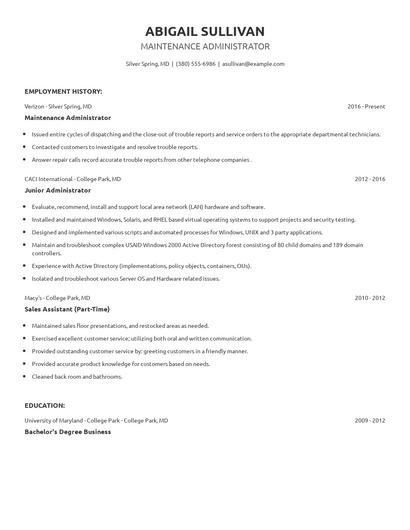 Maintenance Administrator Resume