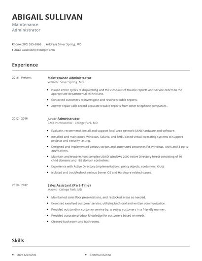 Maintenance Administrator Resume