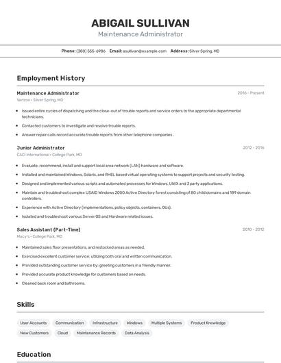Maintenance Administrator Resume