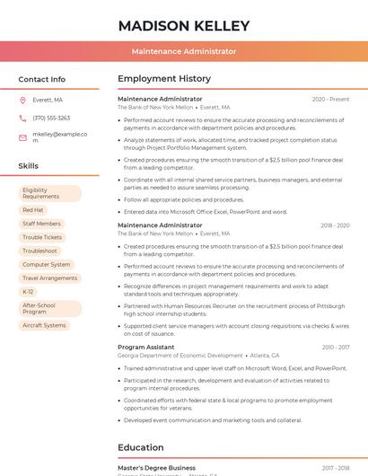 Maintenance Administrator Resume
