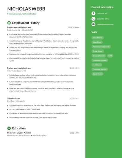 Maintenance Administrator Resume