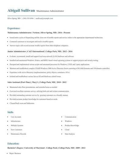 Maintenance Administrator Resume