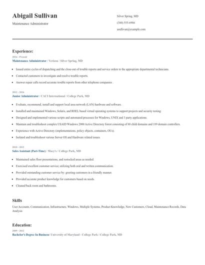 Maintenance Administrator Resume
