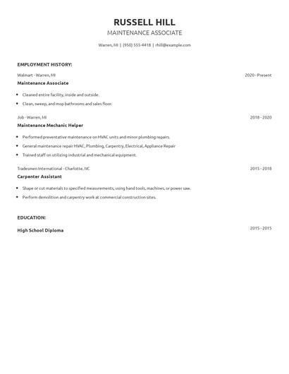 Maintenance Associate Resume