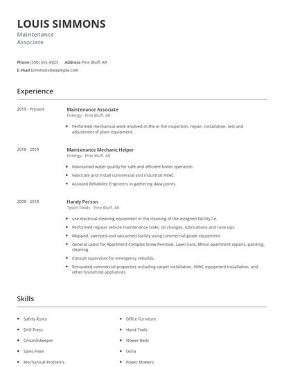 Maintenance Associate Resume