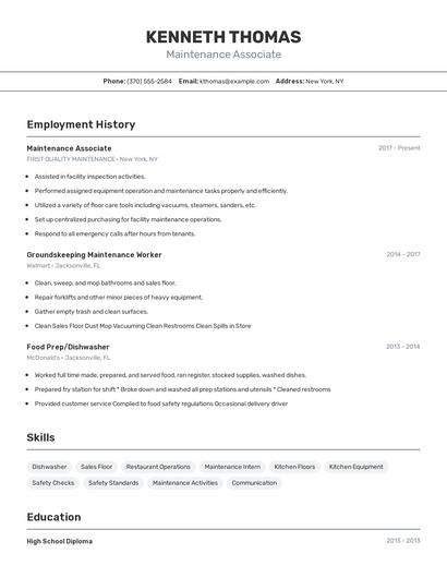 Maintenance Associate Resume