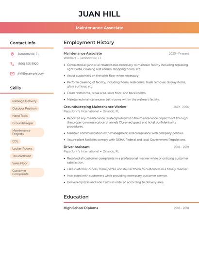 Maintenance Associate Resume