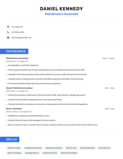 Maintenance Associate Resume