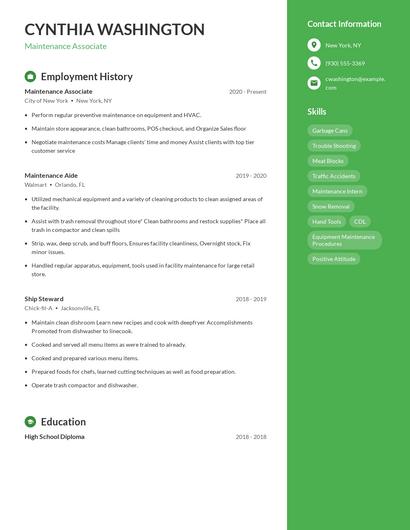 Maintenance Associate Resume
