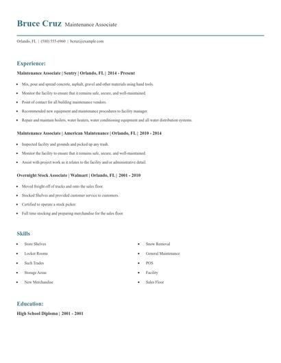 Maintenance Associate Resume