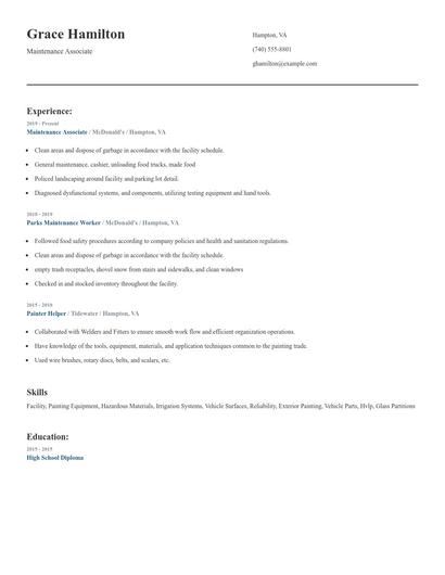 Maintenance Associate Resume