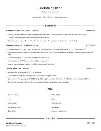 Maintenance Associate Resume