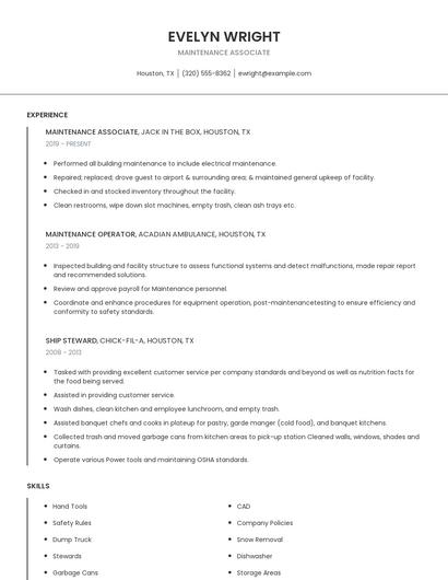 Maintenance Associate Resume