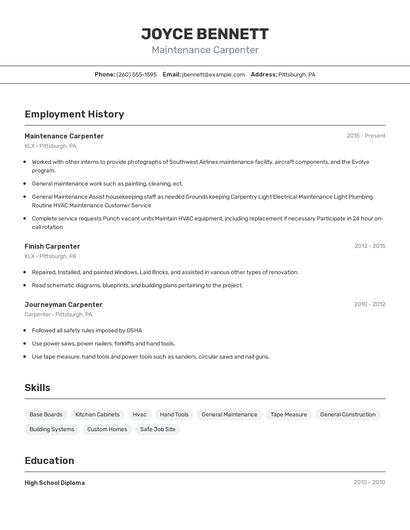 Maintenance Carpenter Resume