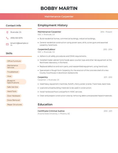 Maintenance Carpenter Resume