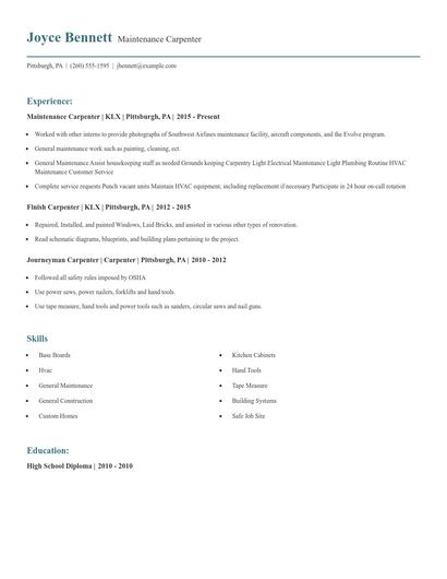 Maintenance Carpenter Resume