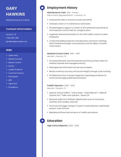 Maintenance Clerk Resume