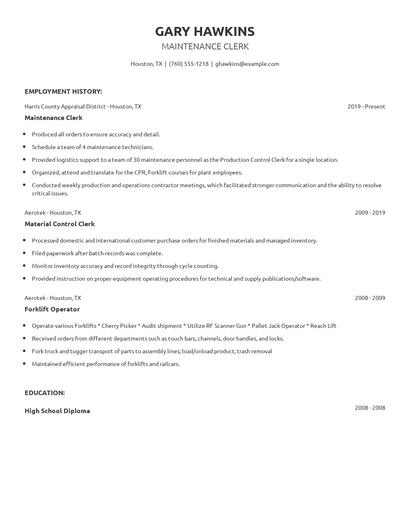 Maintenance Clerk Resume