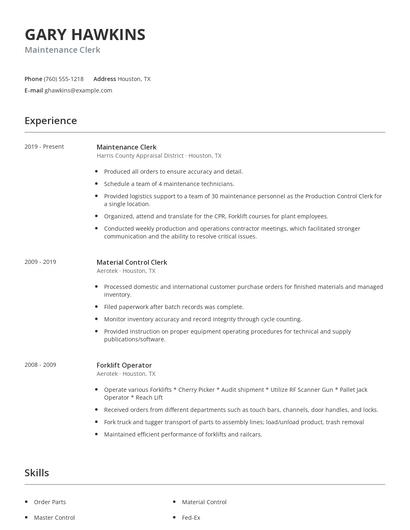 Maintenance Clerk Resume
