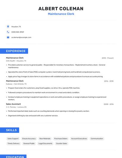 Maintenance Clerk Resume