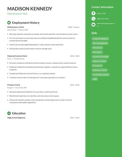 Maintenance Clerk Resume