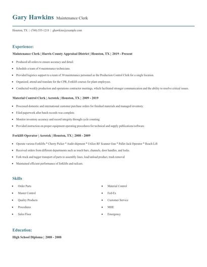 Maintenance Clerk Resume