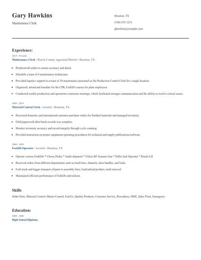 Maintenance Clerk Resume