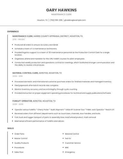 Maintenance Clerk Resume