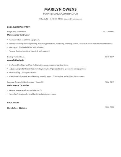 Maintenance Contractor Resume
