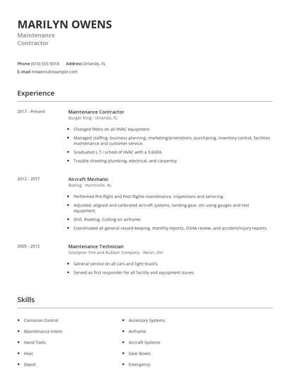 Maintenance Contractor Resume