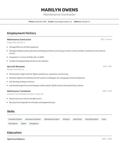 Maintenance Contractor Resume