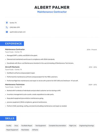 Maintenance Contractor Resume