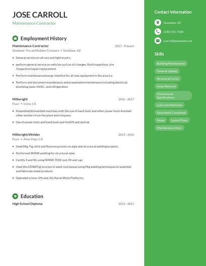 Maintenance Contractor Resume