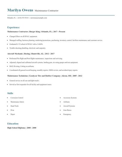 Maintenance Contractor Resume